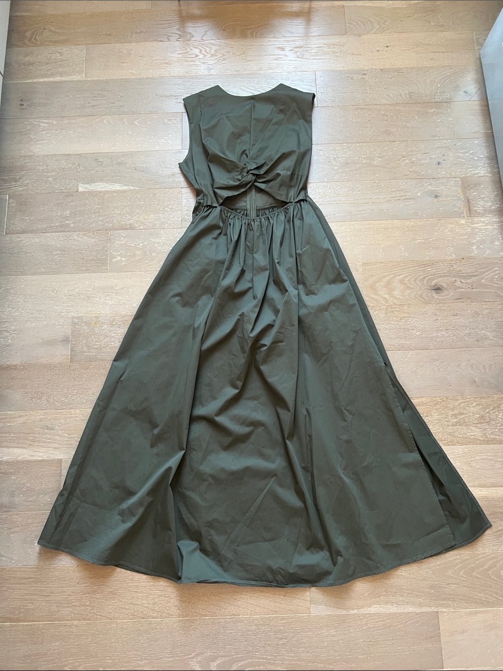 Sleeveless Olive Green Maxi Dress with Twist Front and a side slit